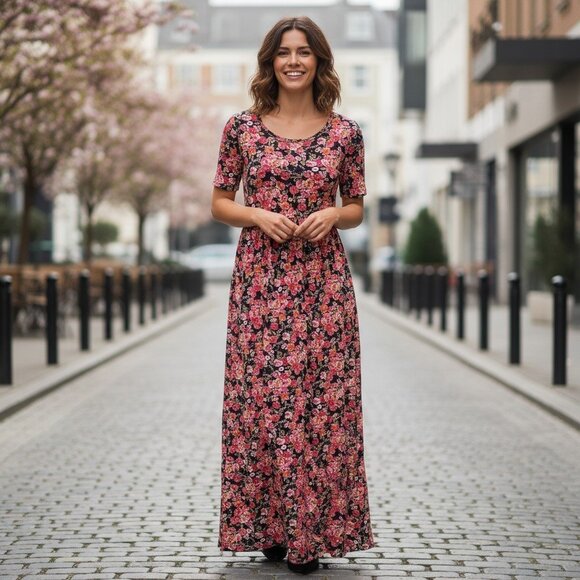 Mikarose Floral Black-Pink Short Sleeves Maxi 53” Dress Size XS - Picture 1 of 8